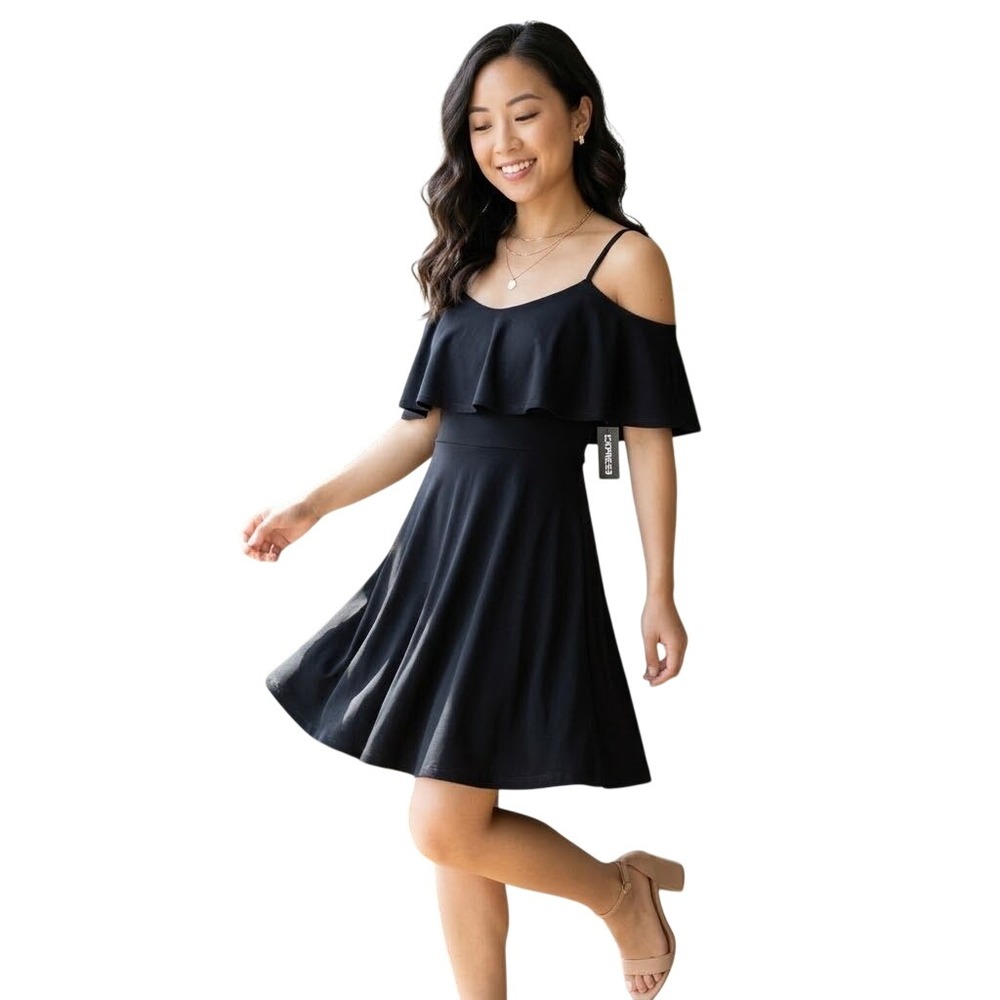Express Black Ruffle Overlay Fit & Flare Mini‎ Cami Dress NWT Small Petite SP